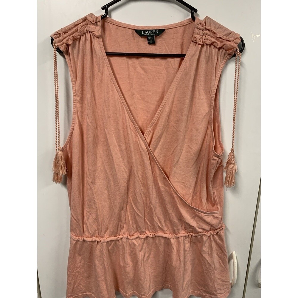Ralph Lauren Womens Peplum Top Shirt XL Peach Ruched Tie Shoulders Tunic